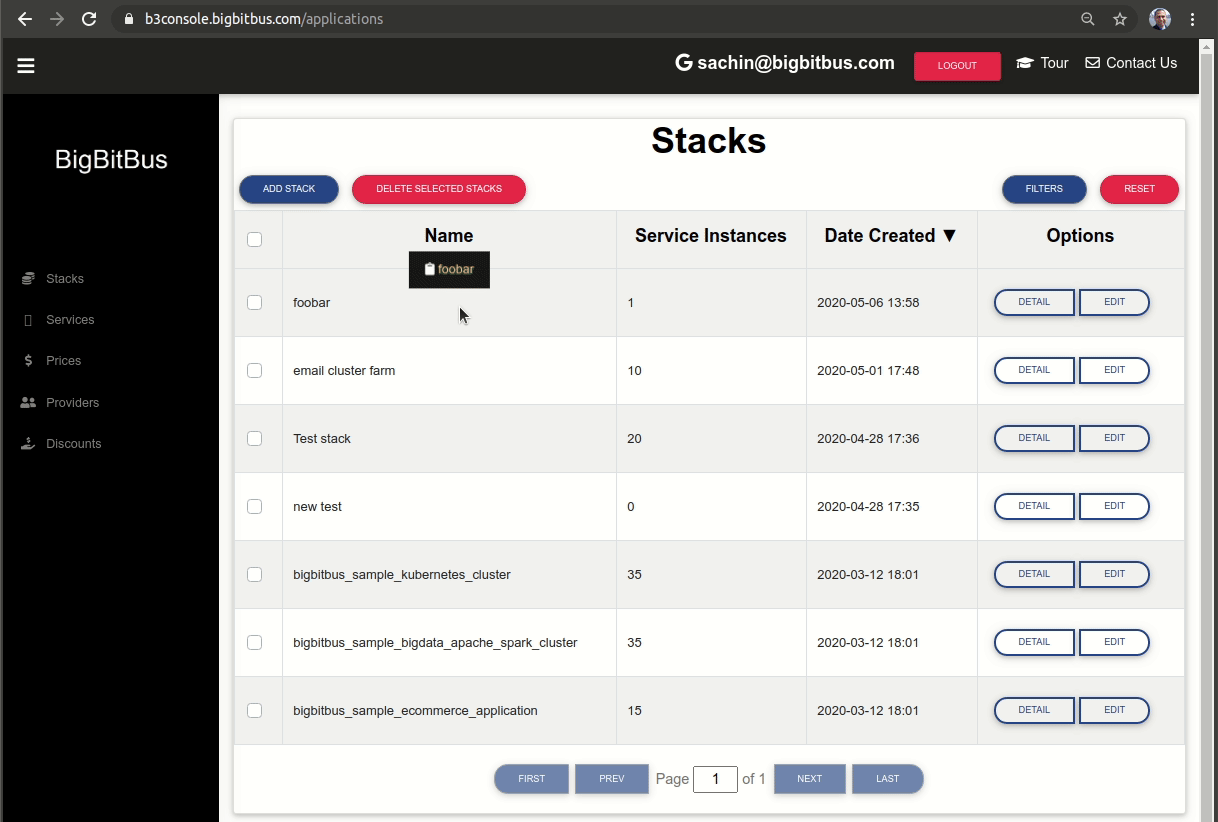 The list of your stacks; clicking on detail lets you view the tiers and cost of your stack and its tier components.